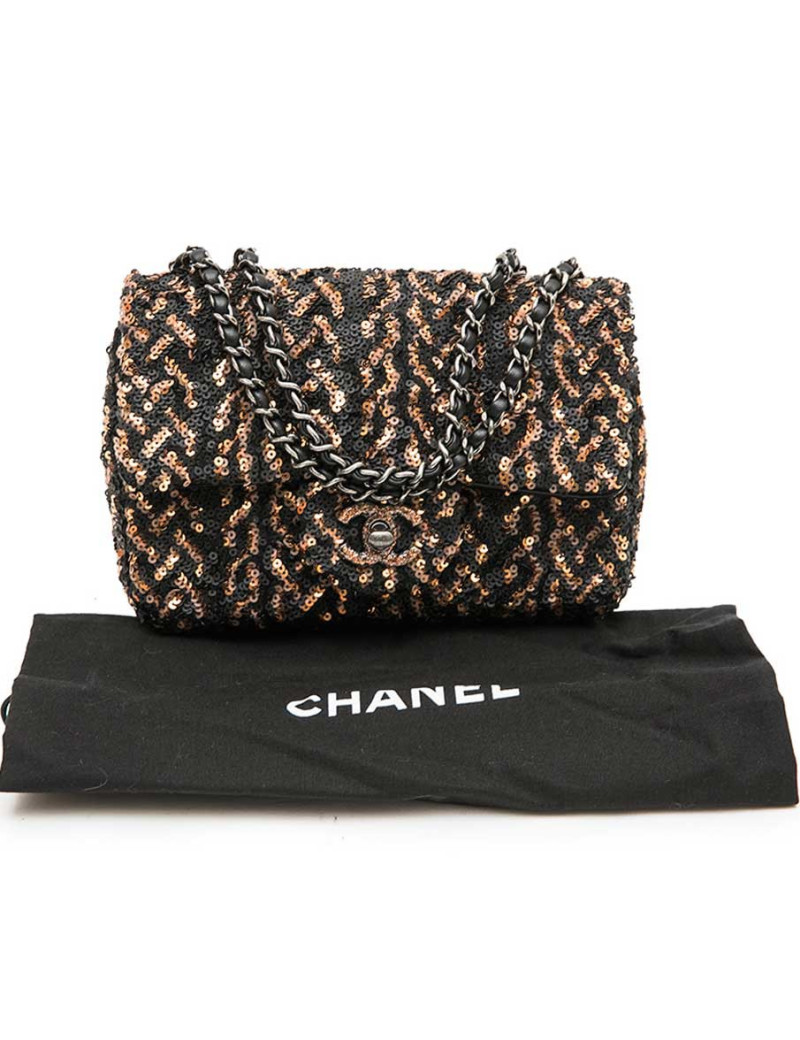 CHANEL Mini Evening Flap Bag in Black Leather Embroidered with Sequins