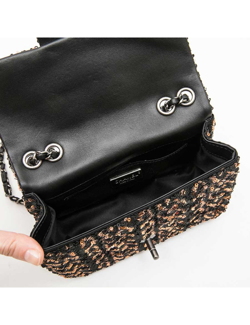 CHANEL Mini Evening Flap Bag in Black Leather Embroidered with Sequins