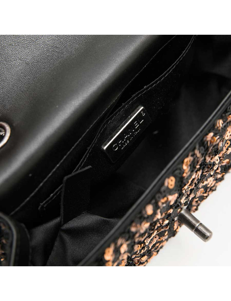 CHANEL Mini Evening Flap Bag in Black Leather Embroidered with Sequins