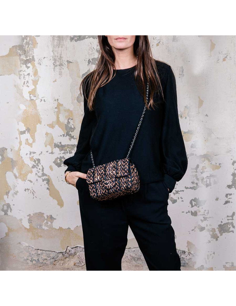 CHANEL Mini Evening Flap Bag in Black Leather Embroidered with Sequins