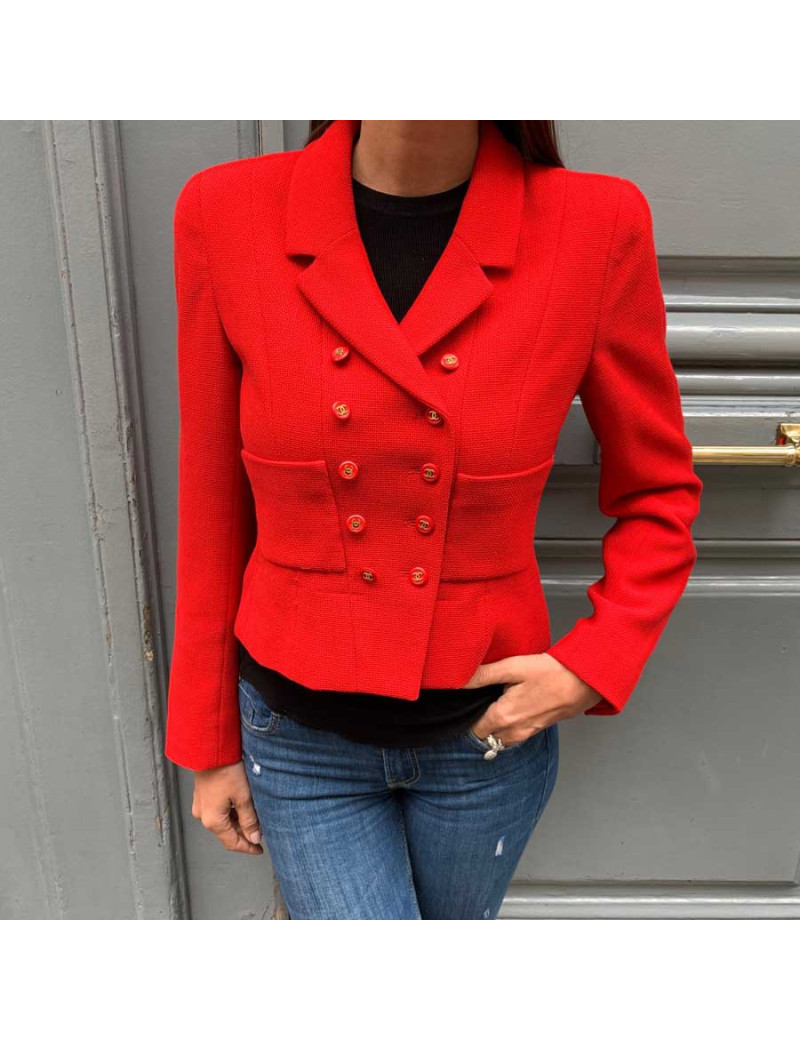 Veste T40 CHANEL Collection 95 en soie rouge 