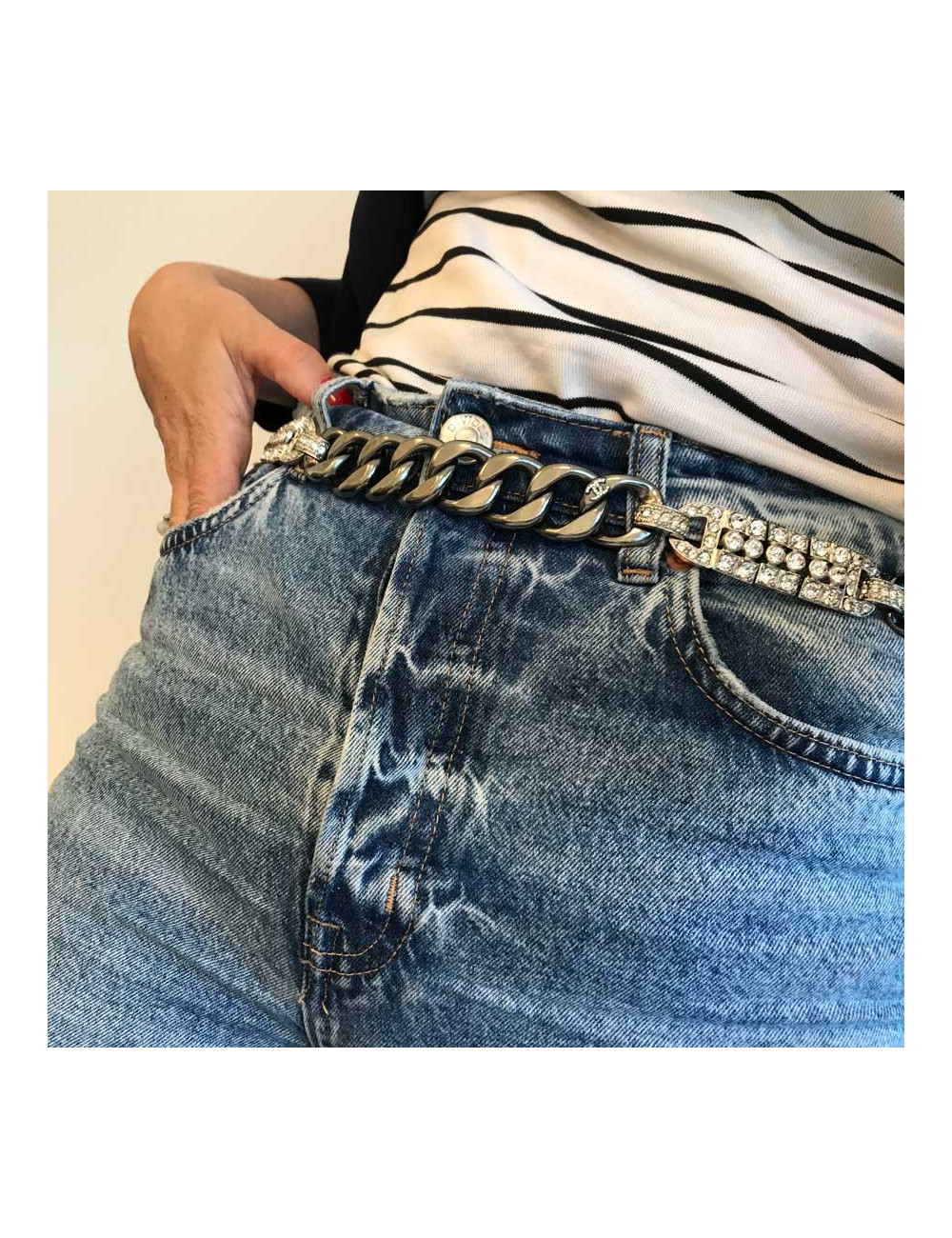 CHANEL silver chain and rhinestones belt