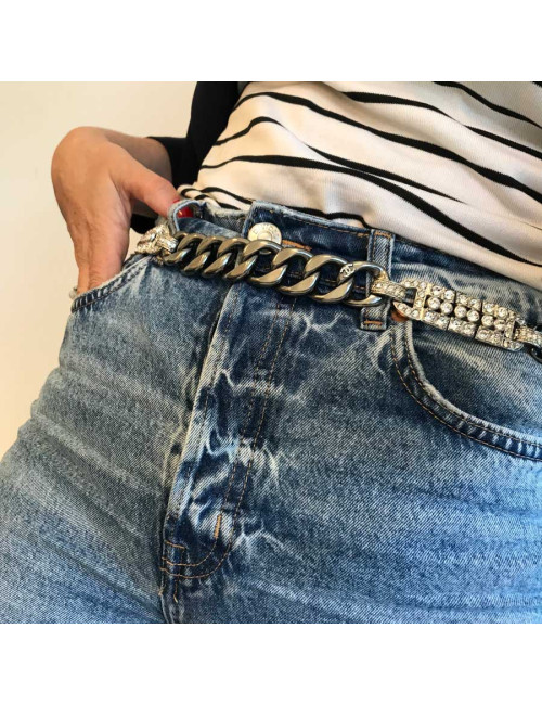 CHANEL silver chain and rhinestones belt
