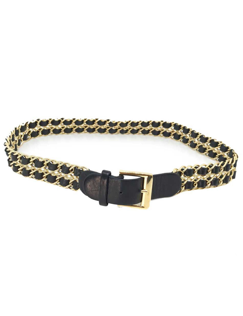 Ceinture Vintage CHANEL en métal doré entrelacé de cuir noir  T 70 