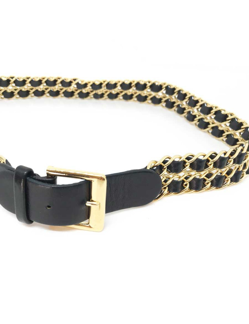 Ceinture Vintage CHANEL en métal doré entrelacé de cuir noir  T 70 