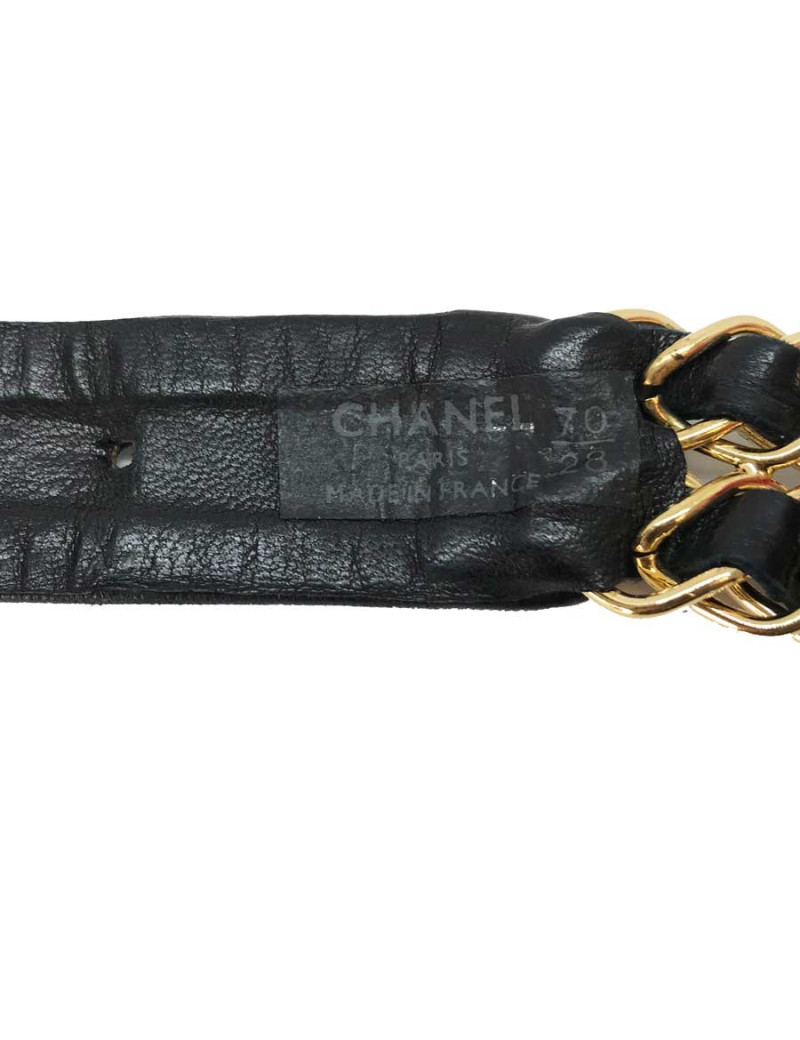 Ceinture CHANEL T 70 en métal doré entrelacé de cuir noir