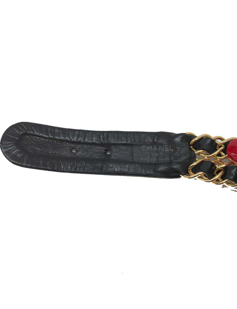 Ceinture CHANEL T 70 en métal doré entrelacé de cuir noir
