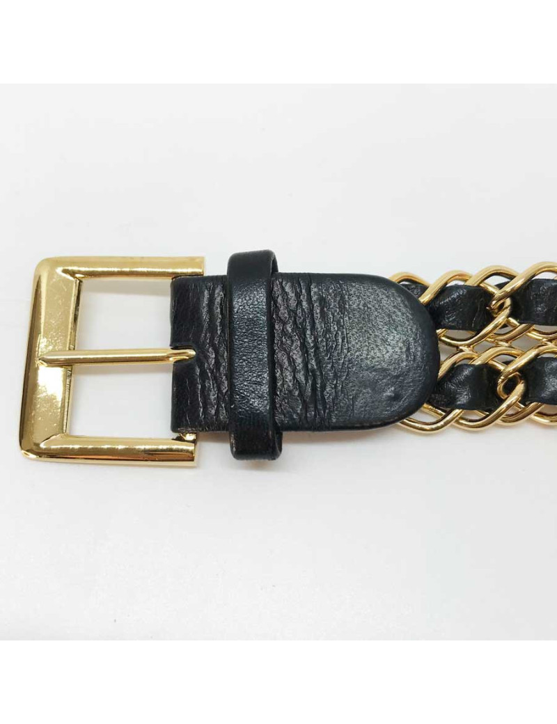 Ceinture CHANEL T 70 en métal doré entrelacé de cuir noir