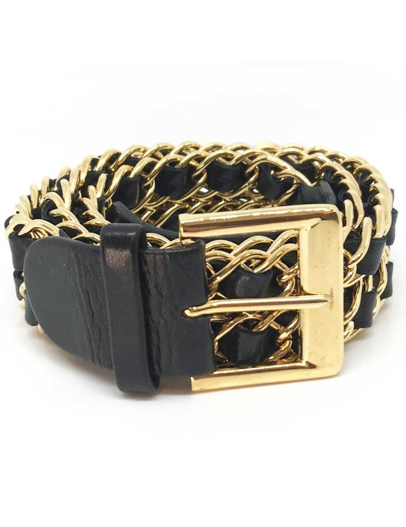 Ceinture Vintage CHANEL en métal doré entrelacé de cuir noir  T 70 