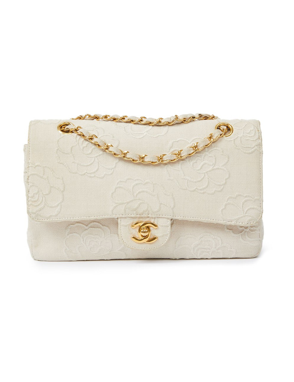 A NETTOYERSac motifs camélias CHANEL toile beige