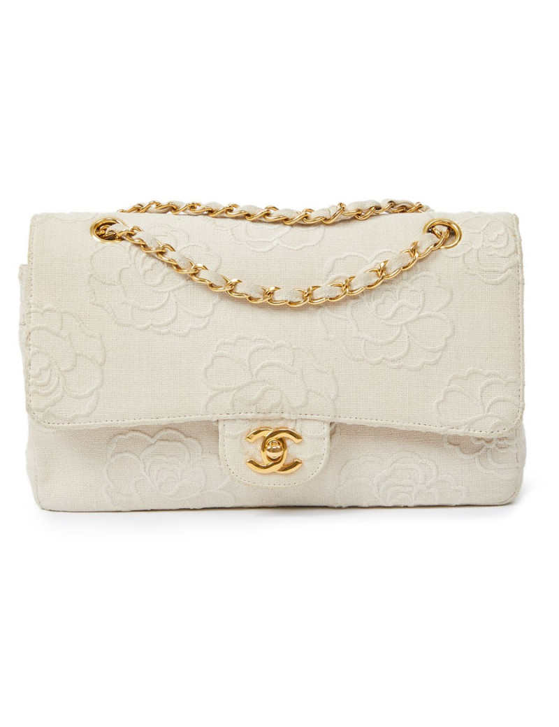  Sac CHANEL motifs camélias en toile beige