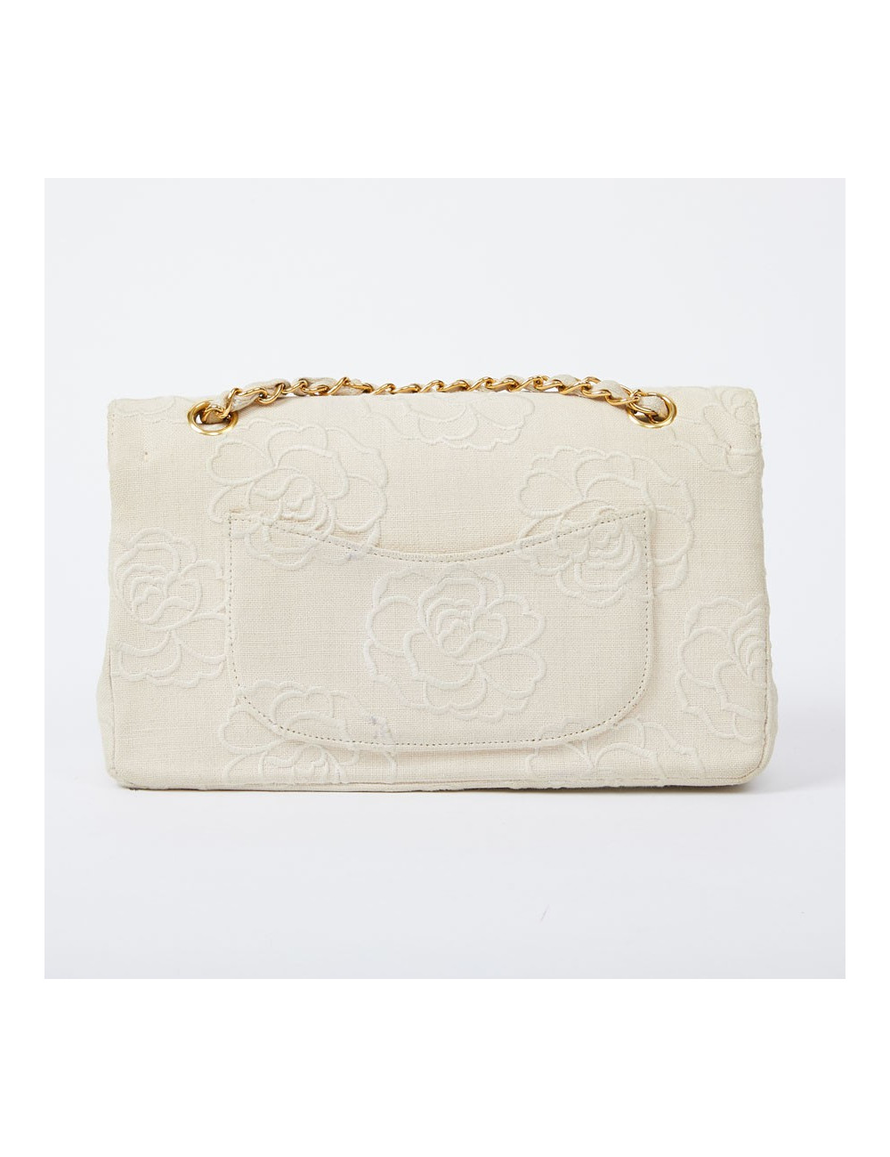 A NETTOYERSac motifs camélias CHANEL toile beige