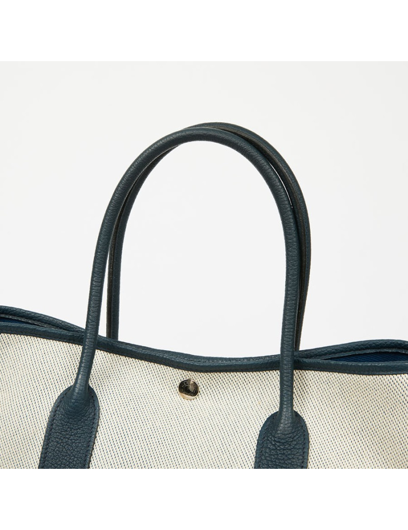 Sac garden party HERMES toile et cuir taurillon clémence bleu
