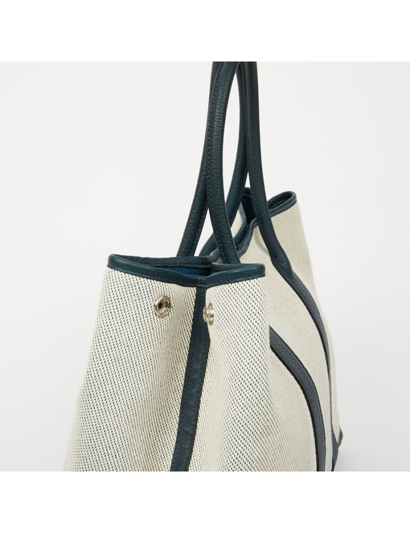 Sac garden party HERMES toile et cuir taurillon clémence bleu