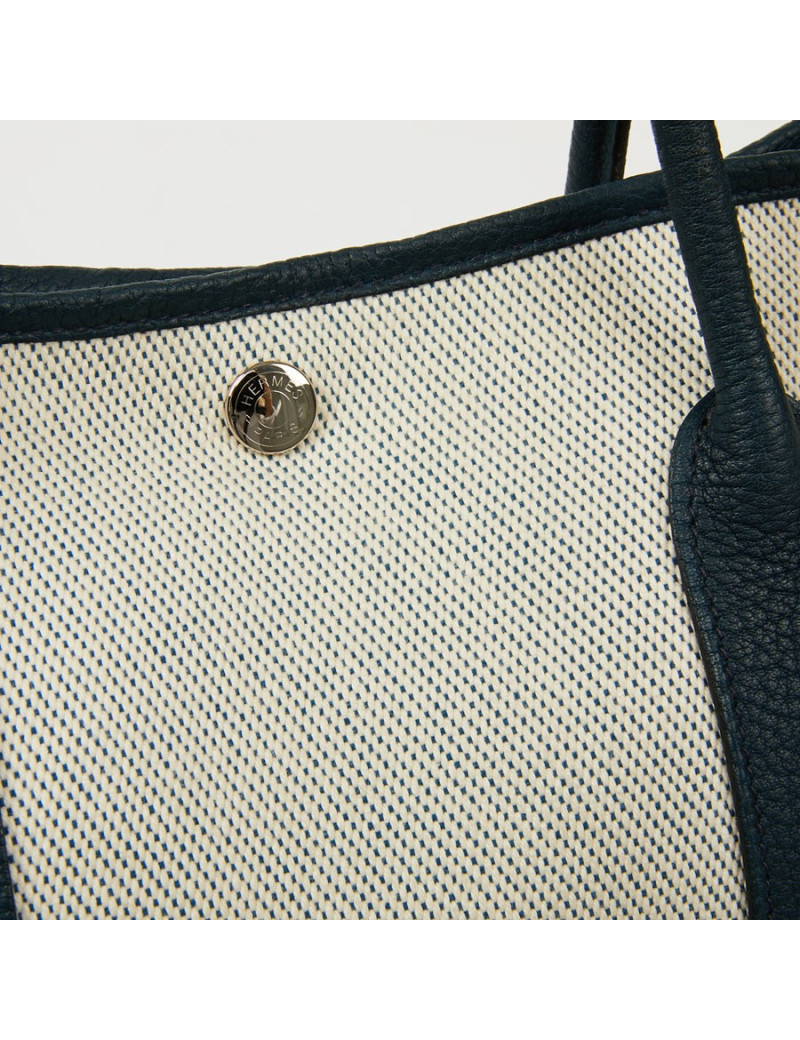Sac garden party HERMES toile et cuir taurillon clémence bleu