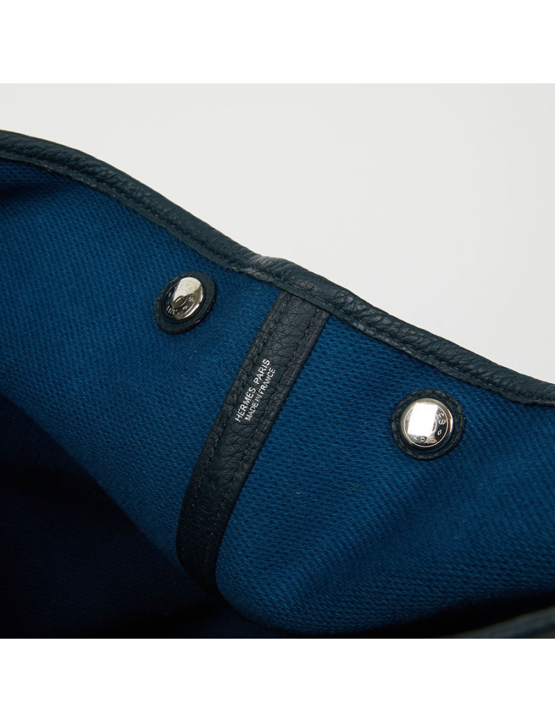 Sac garden party HERMES toile et cuir taurillon clémence bleu