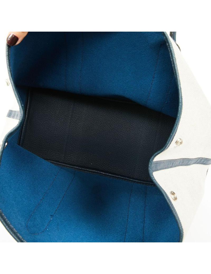 Sac garden party HERMES toile et cuir taurillon clémence bleu