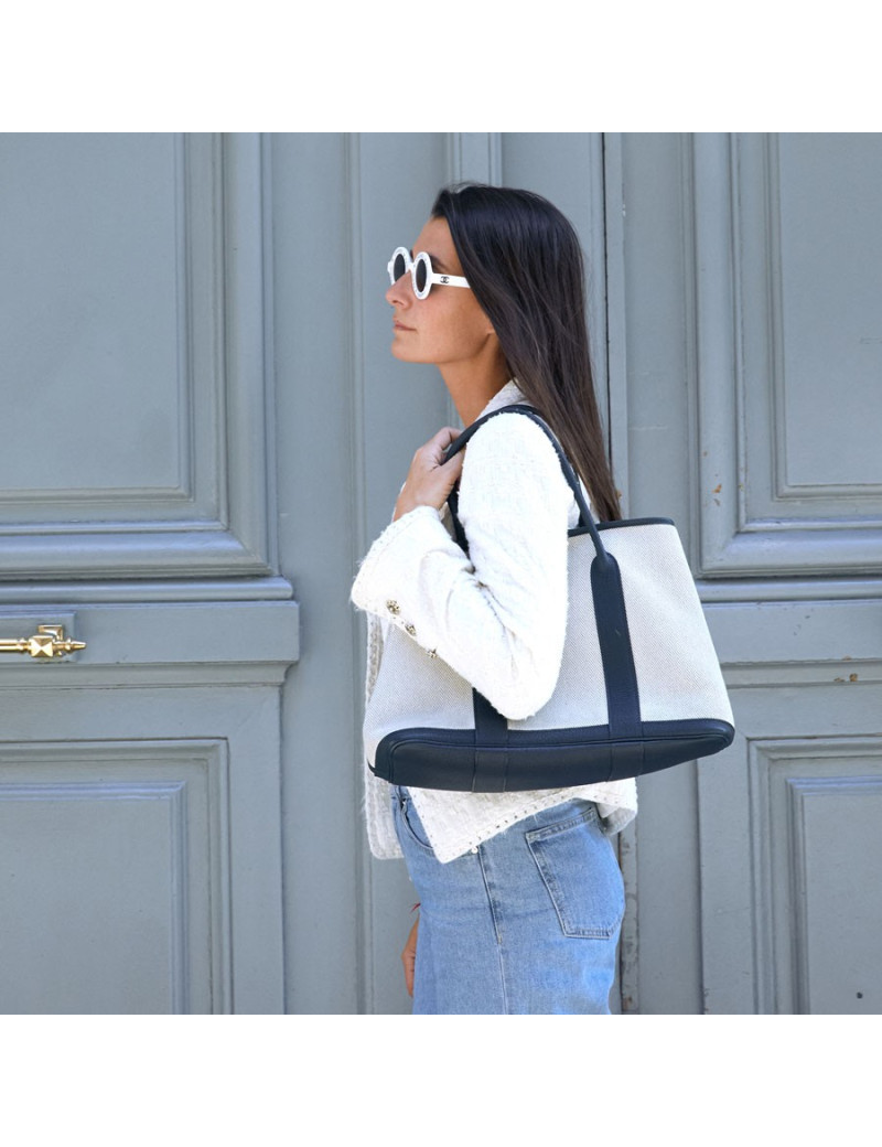 Sac garden party HERMES toile et cuir taurillon clémence bleu