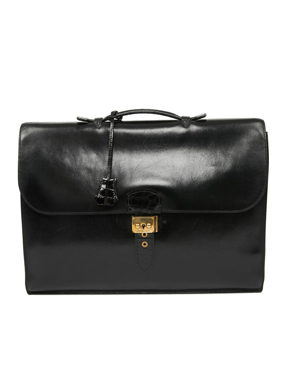 Sac à depeches HERMES cuir noir poignée croco noir