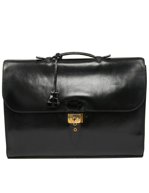 Sac à depeches HERMES cuir noir poignée croco noir