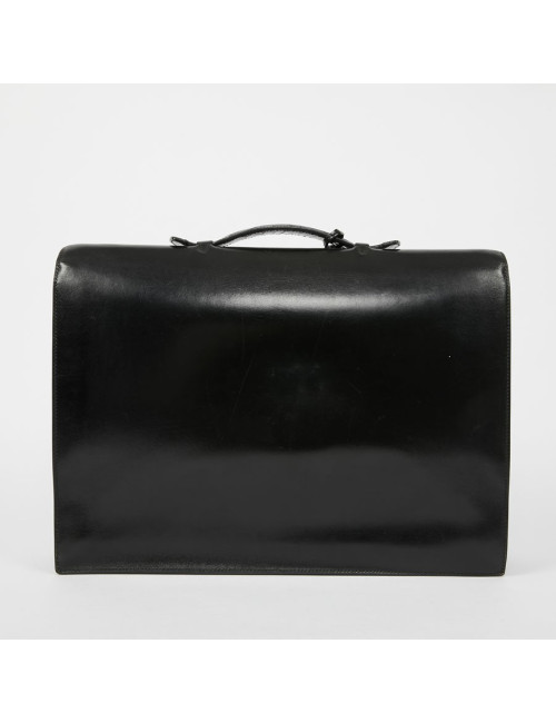 Sac à depeches HERMES cuir noir poignée croco noir