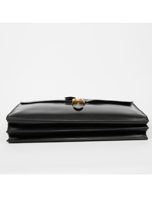 Sac à depeches HERMES cuir noir poignée croco noir