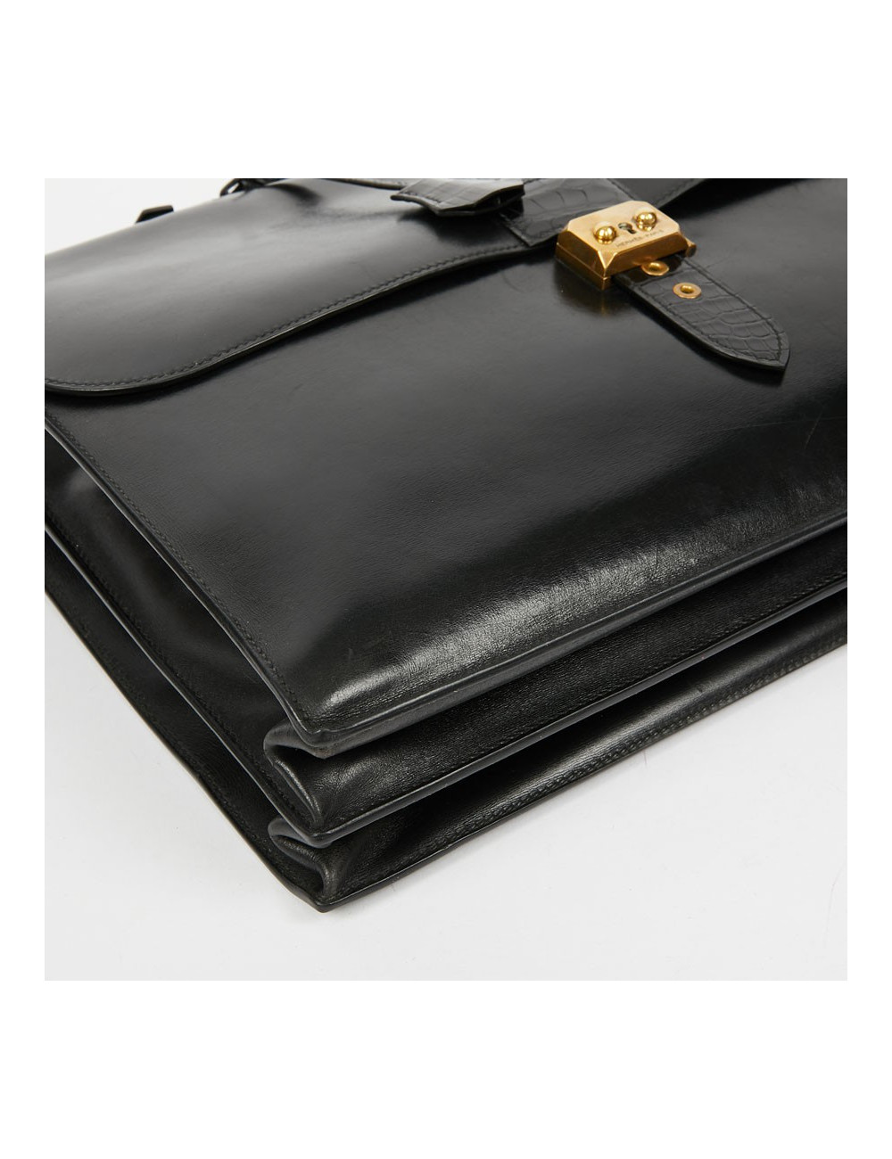 Sac à depeches HERMES cuir noir poignée croco noir