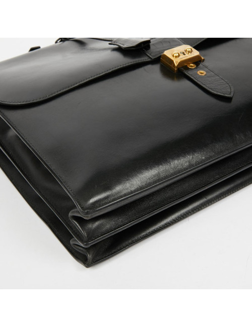 Sac à depeches HERMES cuir noir poignée croco noir