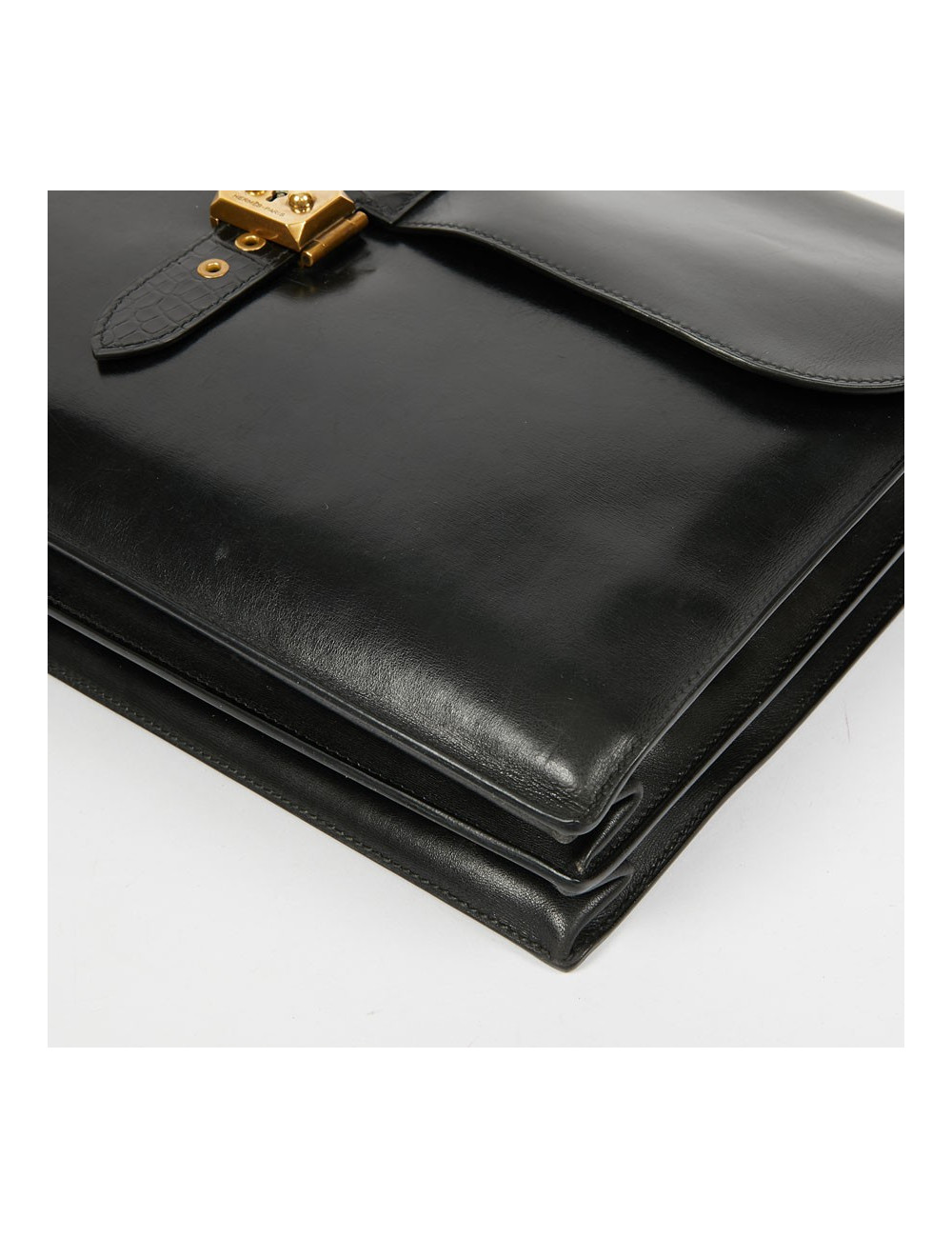 Sac à depeches HERMES cuir noir poignée croco noir