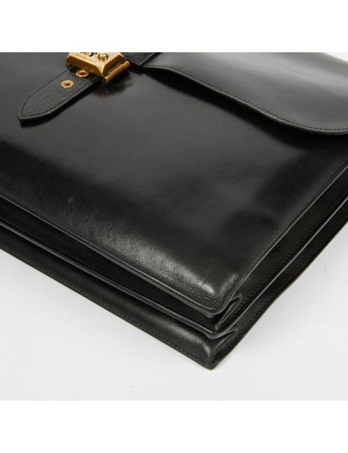 Sac à depeches HERMES cuir noir poignée croco noir