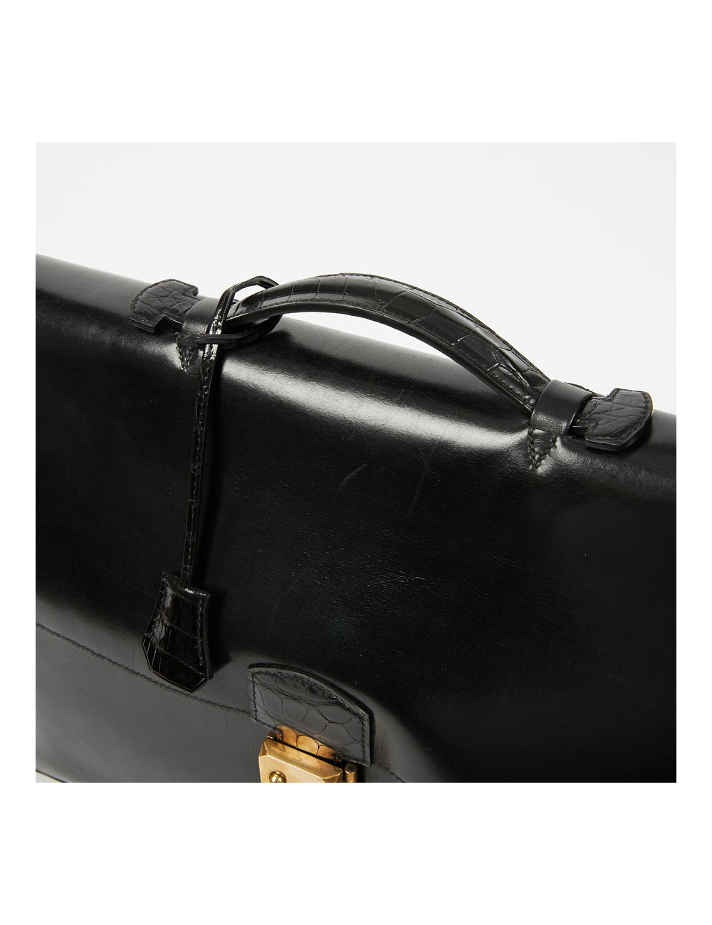 Sac à depeches HERMES cuir noir poignée croco noir
