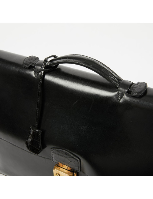 Sac à depeches HERMES cuir noir poignée croco noir