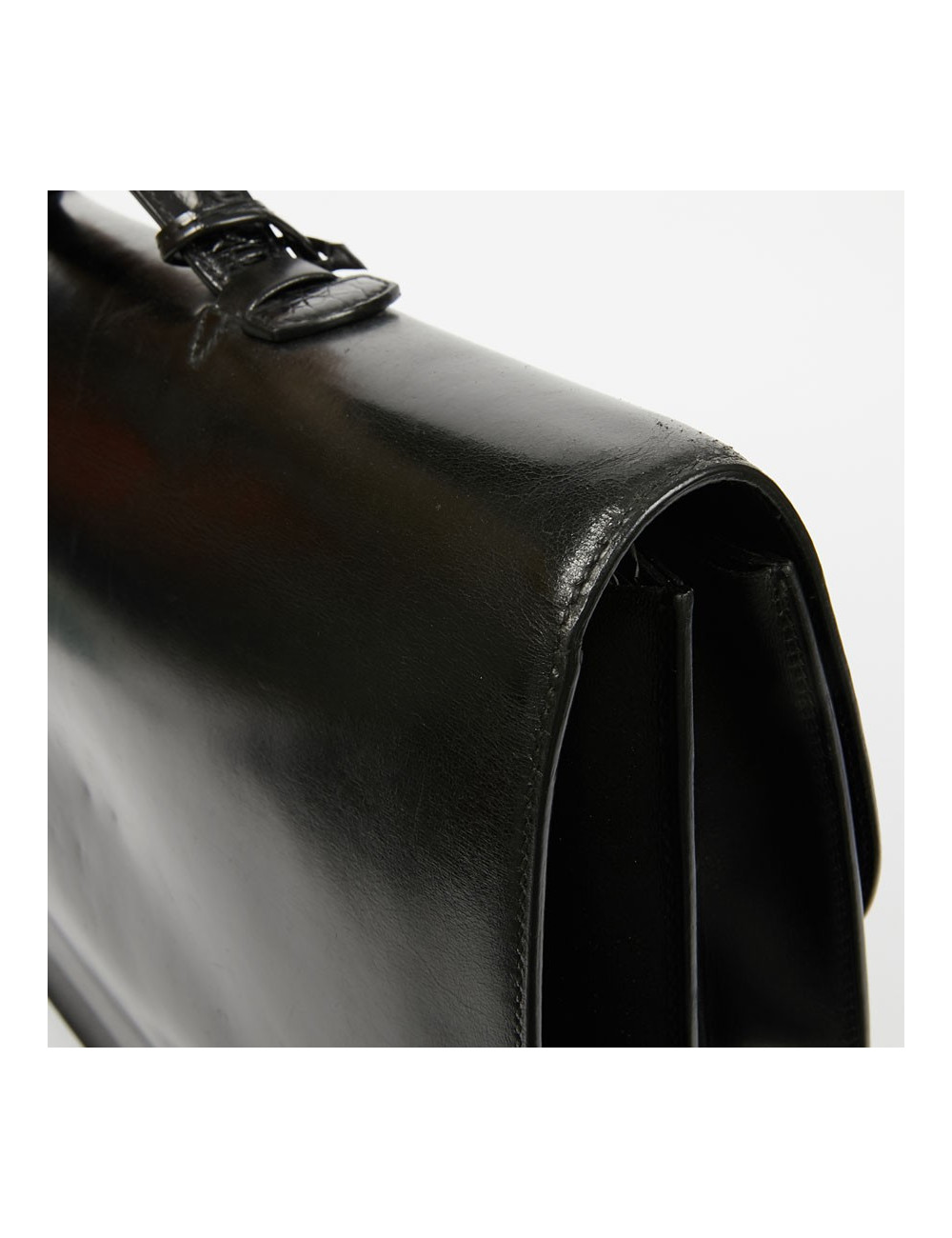 Sac à depeches HERMES cuir noir poignée croco noir