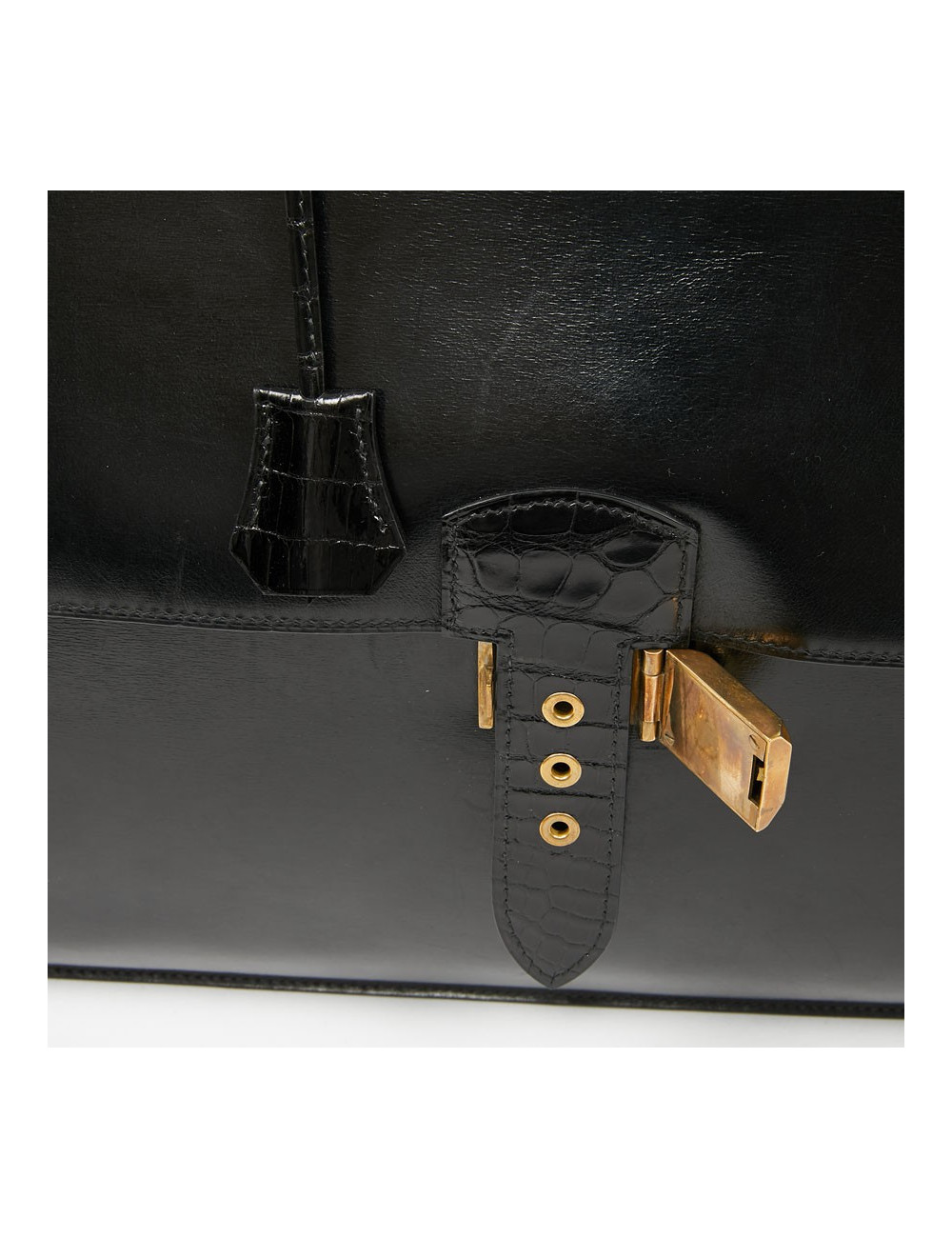 Sac à depeches HERMES cuir noir poignée croco noir