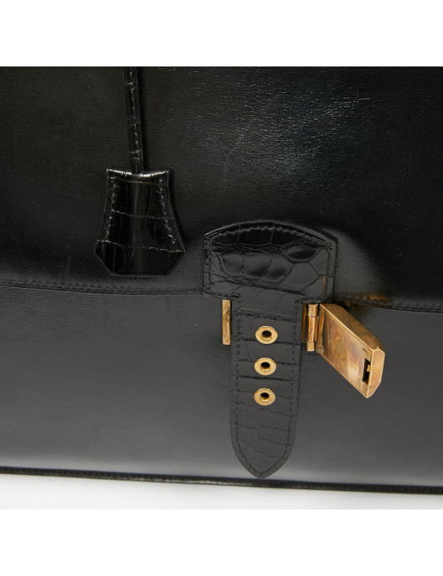 Sac à depeches HERMES cuir noir poignée croco noir