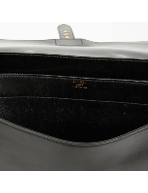 Sac à depeches HERMES cuir noir poignée croco noir