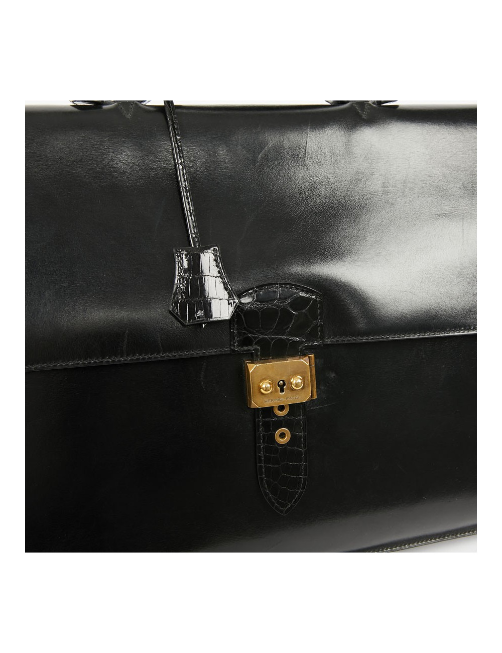 Sac à depeches HERMES cuir noir poignée croco noir