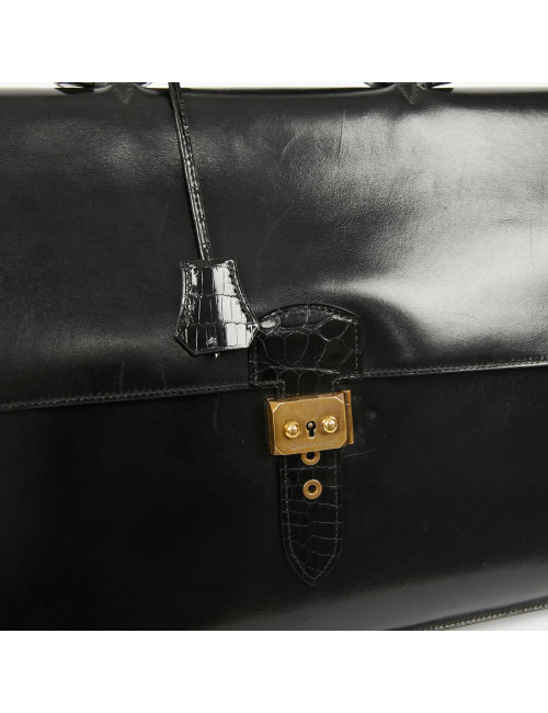 Sac à depeches HERMES cuir noir poignée croco noir