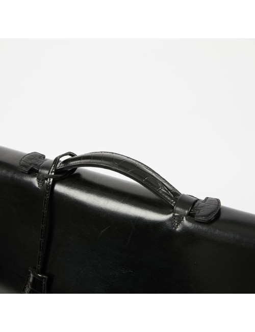 Sac à depeches HERMES cuir noir poignée croco noir