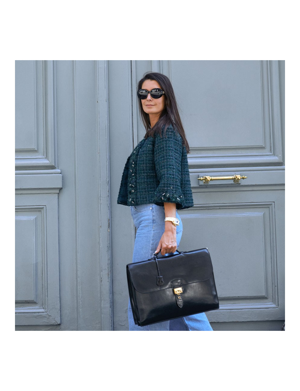 Sac à depeches HERMES cuir noir poignée croco noir