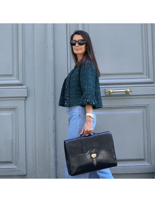 Sac à depeches HERMES cuir noir poignée croco noir