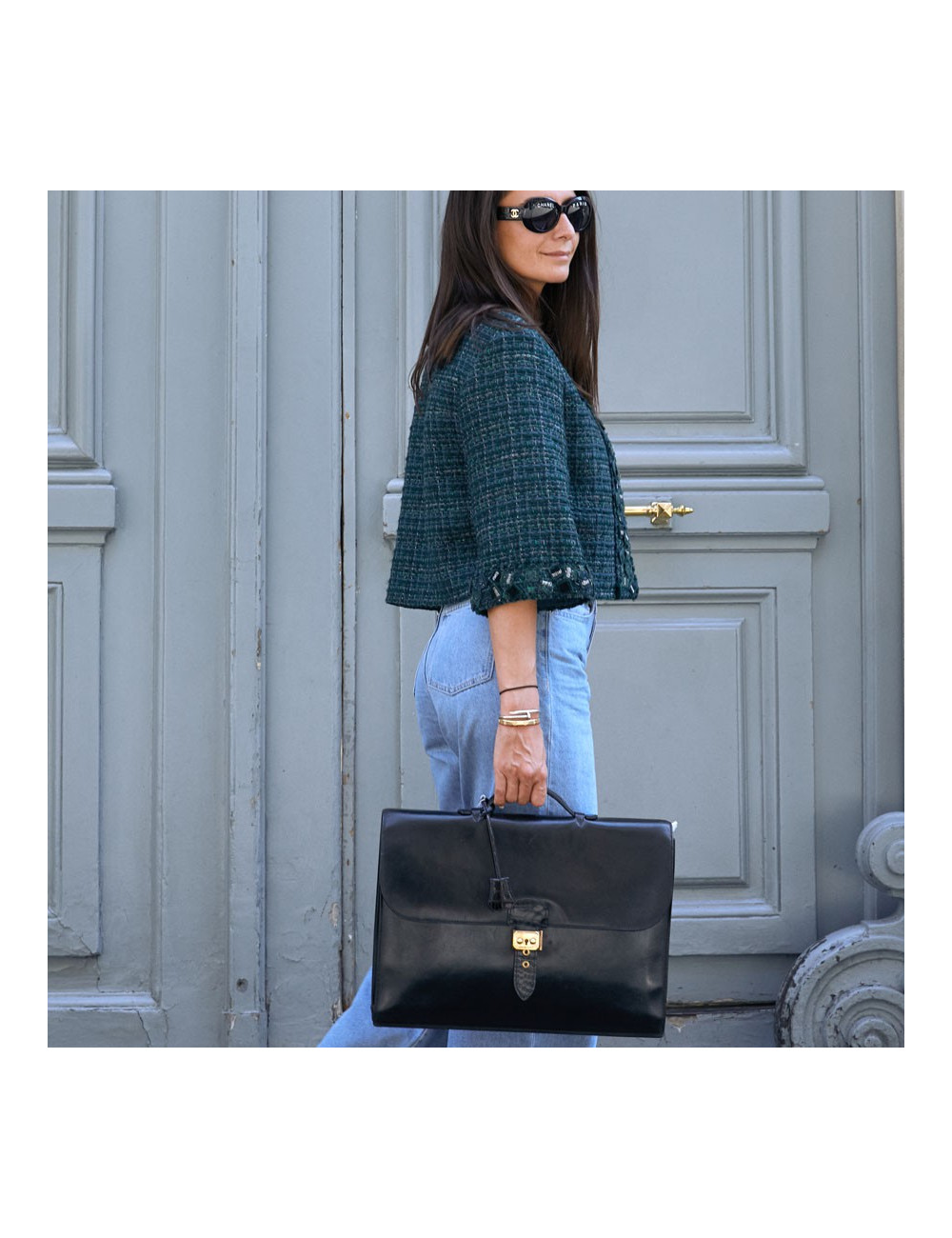 Sac à depeches HERMES cuir noir poignée croco noir