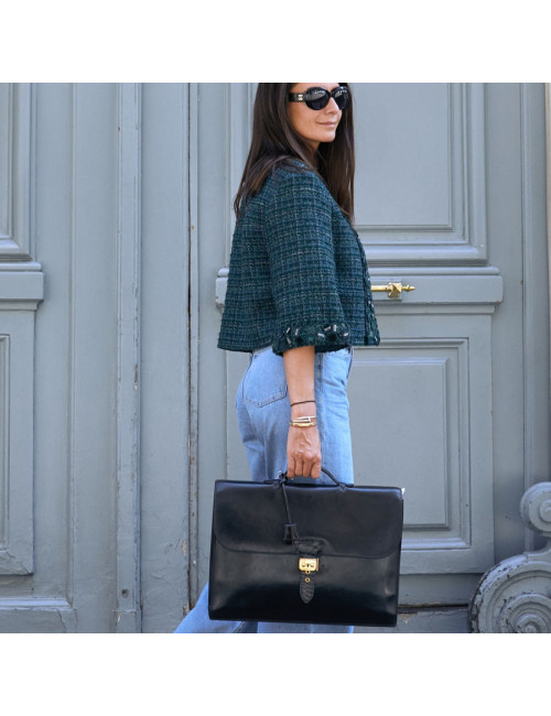 Sac à depeches HERMES cuir noir poignée croco noir