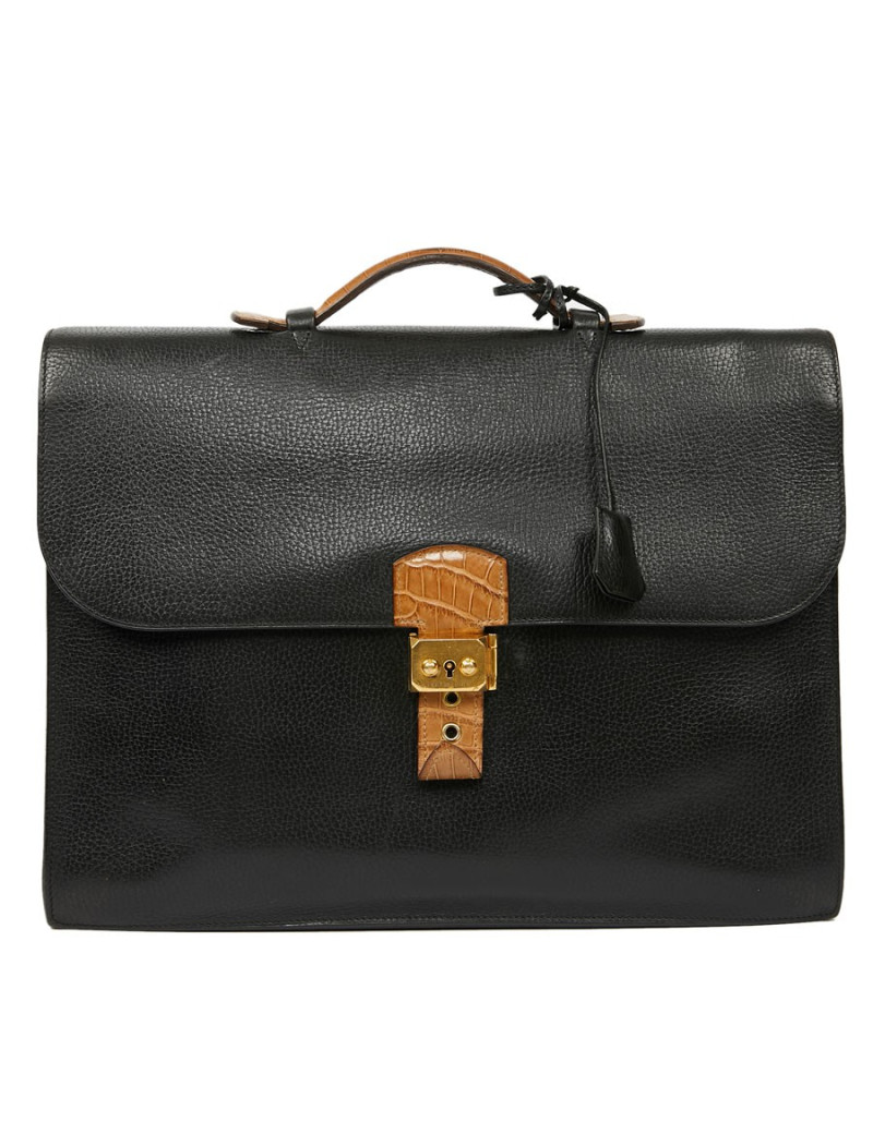 Sac à depeches HERMES poignée croco beige