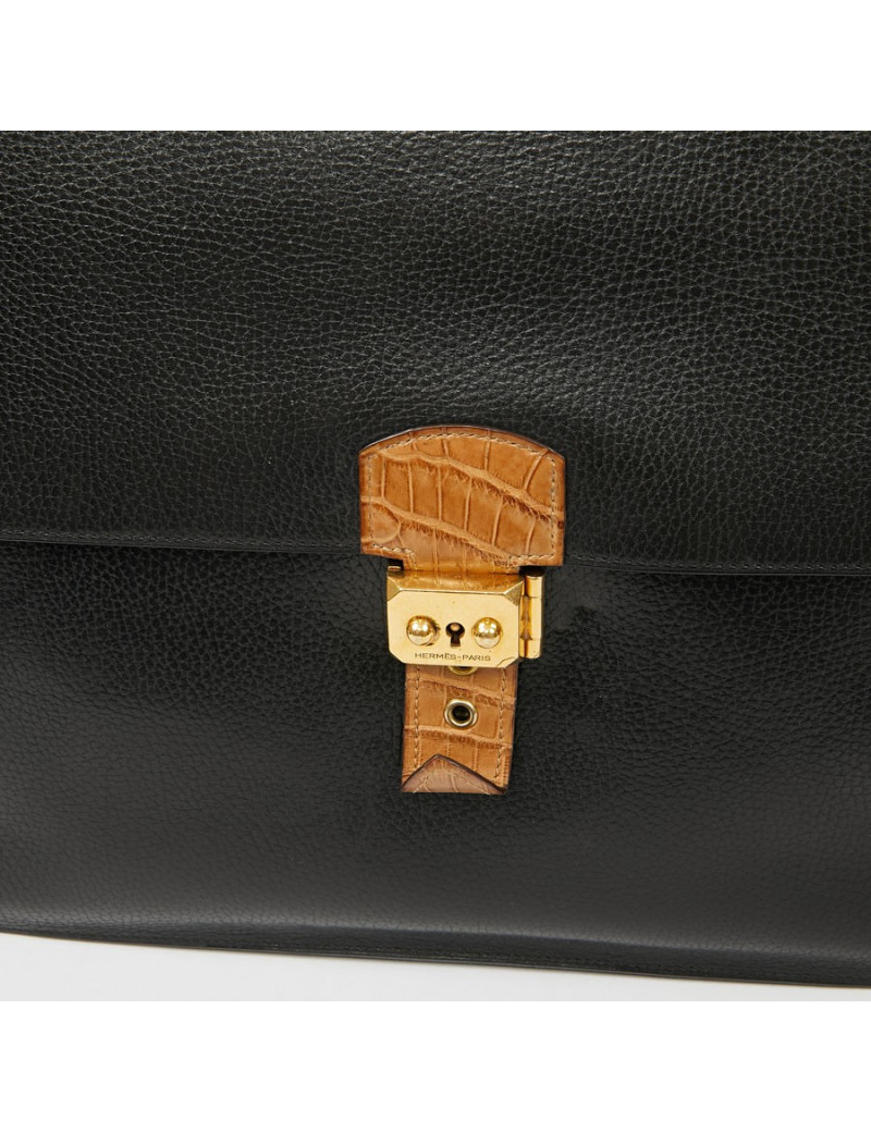 Sac à depeches HERMES poignée croco beige