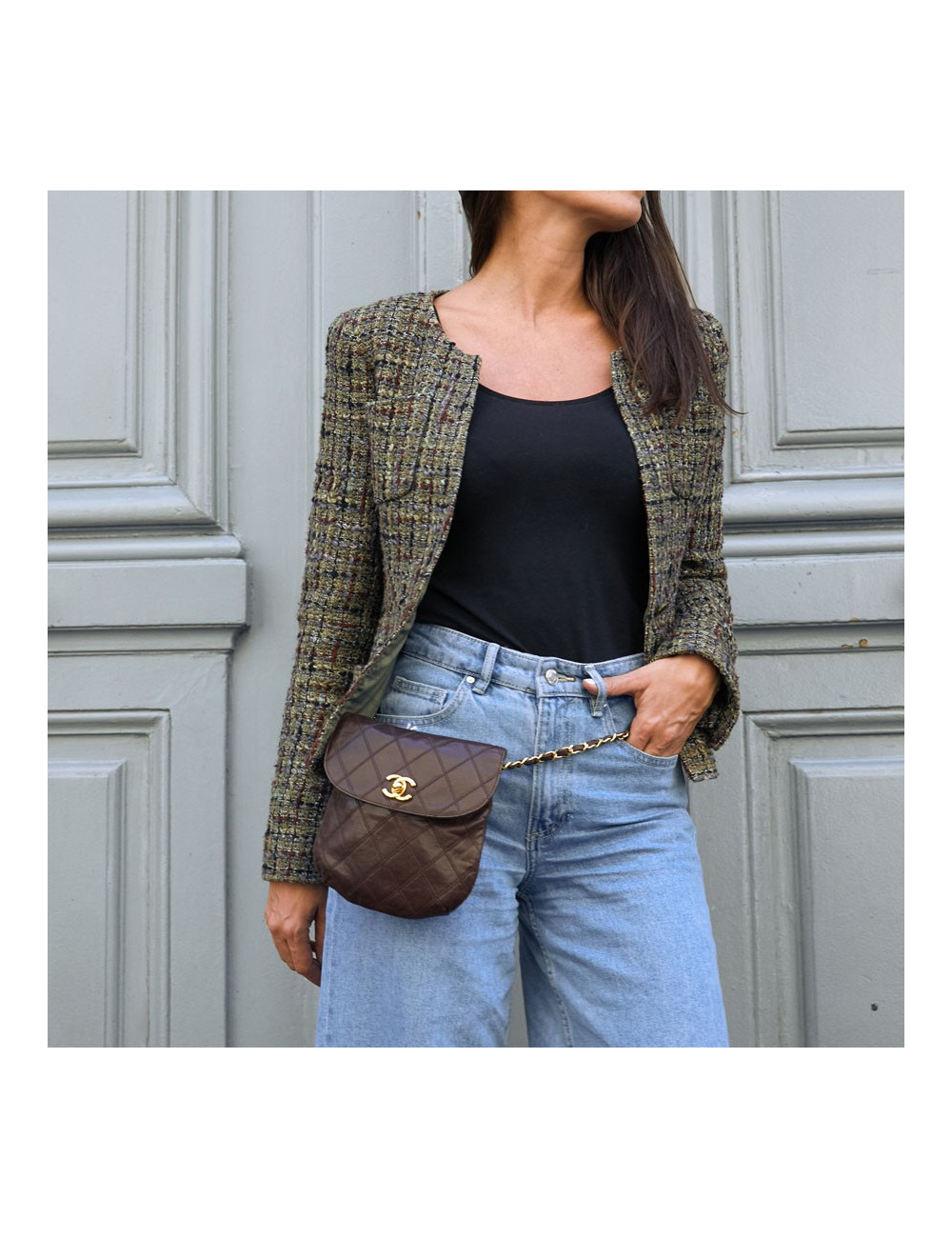 Ceinture sac CHANEL Vintage en cuir matelassé marron