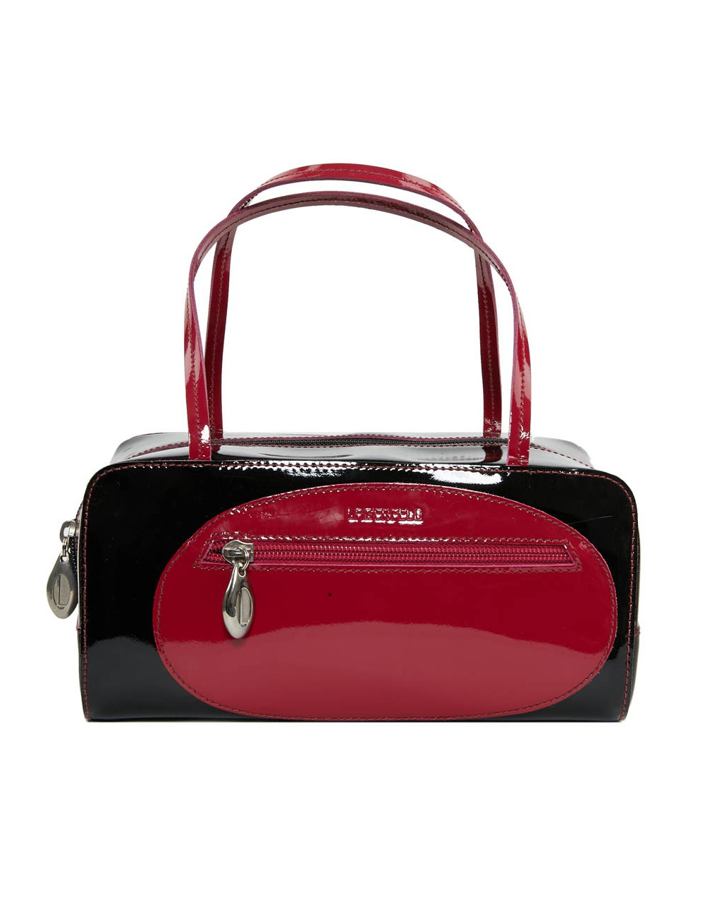 Sac LAGERFELD cuir verni noir poignée fuschia