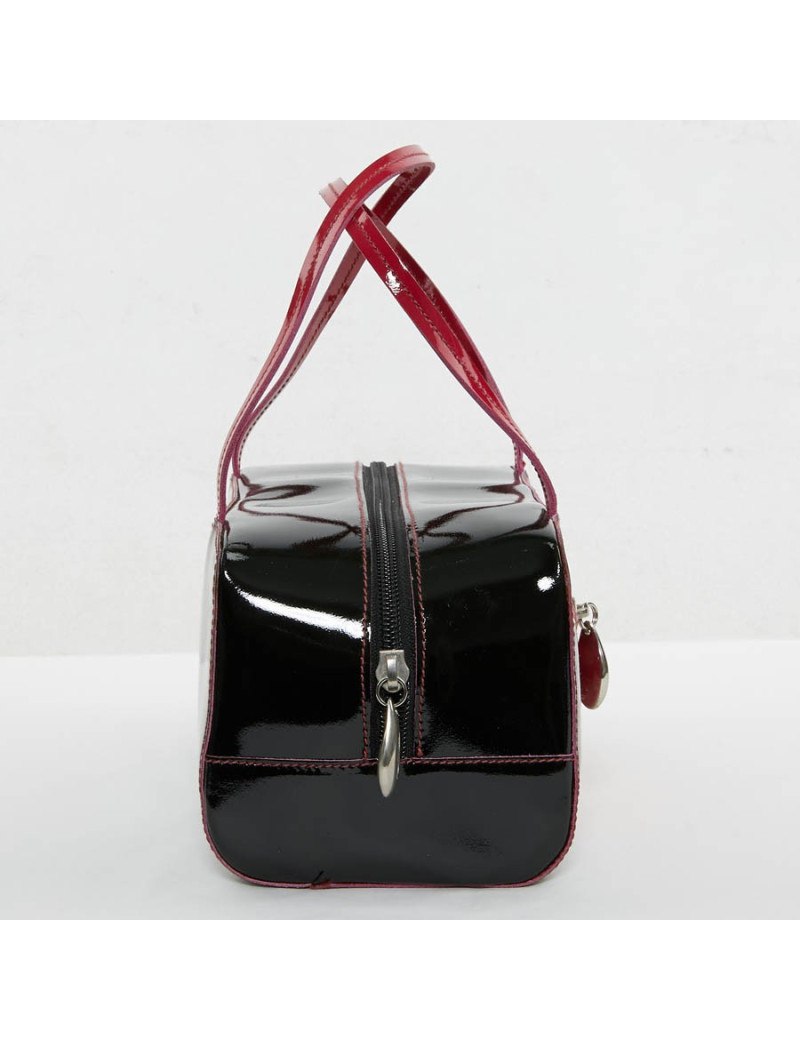 Sac Lagerfeld cuir verni noir poignée rose