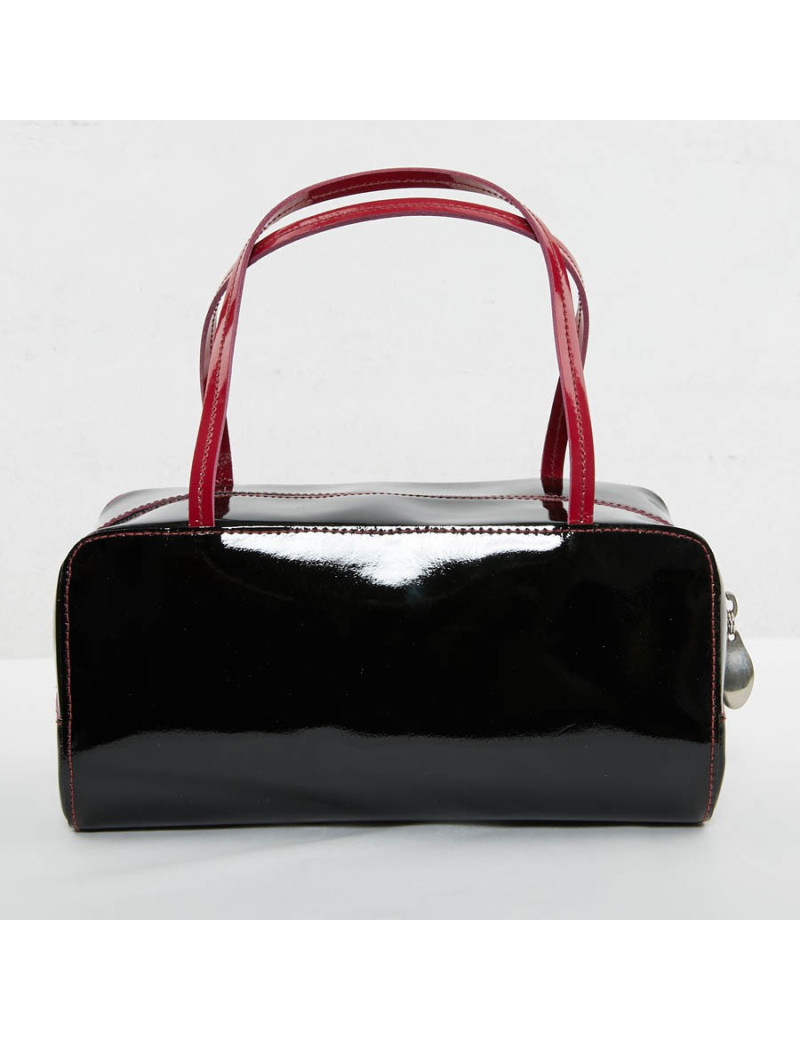 Sac Lagerfeld cuir verni noir poignée rose