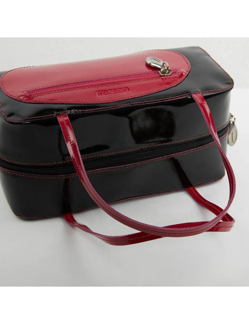 Sac Lagerfeld cuir verni noir poignée rose